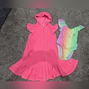 5t 5/6 rainbow swimsuit with neon cover-up